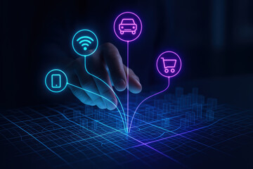 Poster - A digital network illustrates connectivity and communication through glowing icons that symbolize e-commerce and transportation emphasizing modern business interaction