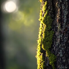 Poster - Detailed image of soft green moss growing on a tree trunk in a vibrant forest scene full of life