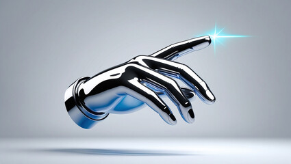 Aufkleber - A chrome robotic hand with a blue light emanating from the tip of the index finger on a gray background