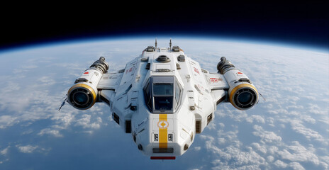 Aufkleber - A robotic exploration vessel hovers above a distant planet, engaged in an expedition to gather data and search for signs of life. The craft is equipped for space exploration and research.