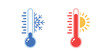 © leskovets - Street thermometer sign with two thermometers showing cold and hot temperatures. Represents weather forecast, high summer heat, frost, and snow. Flat vector design for seasonal weather illustration.