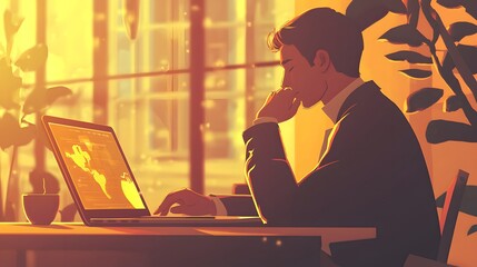 Poster - A focused person working on a laptop at a modern workspace surrounded by creative office decor