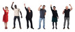 © Curto - front view of a group of happy people raising a fist on white background