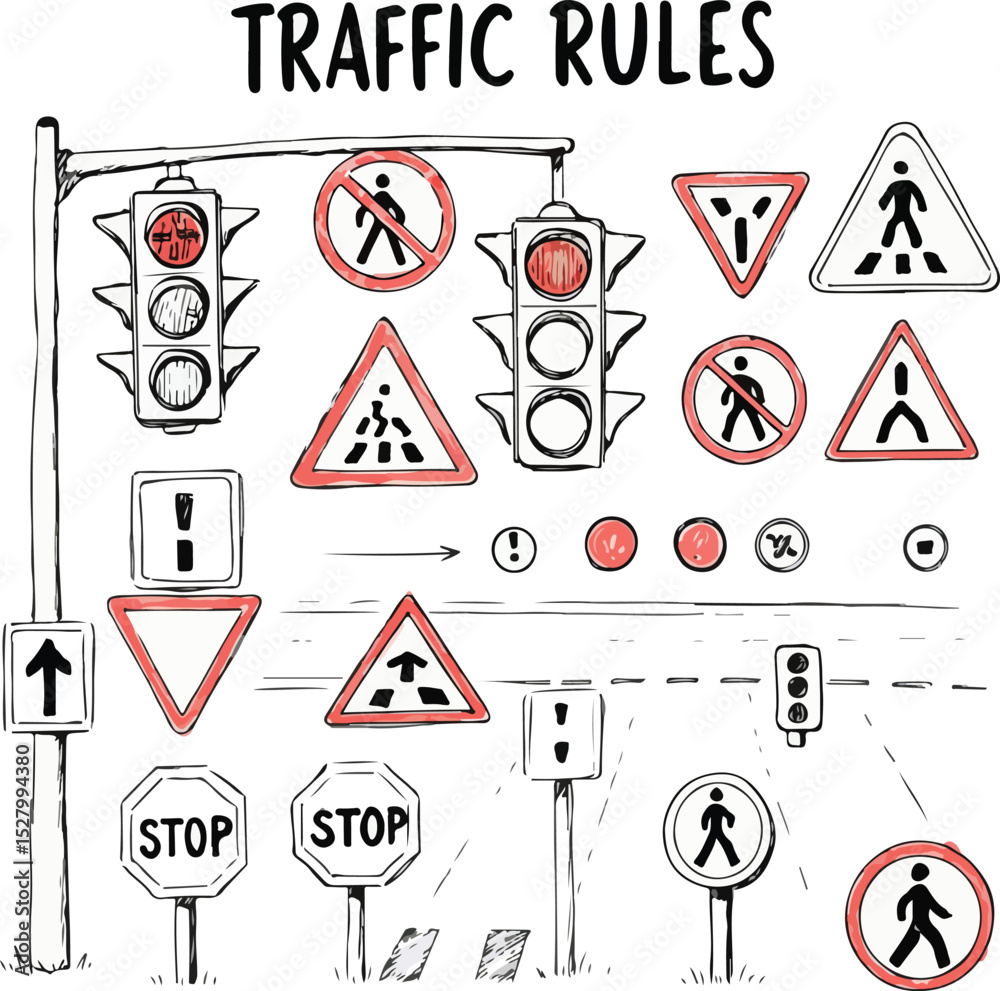 Traffic rules and road instruction vector design, safety signs, driving ...
