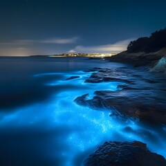 Poster - Tranquil beach at night with gentle waves lapping against the shore beneath a starry sky