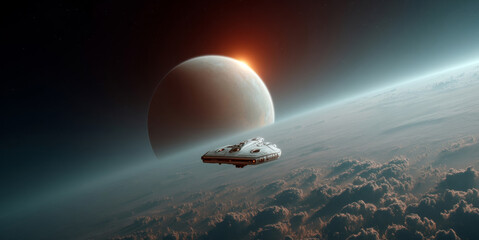 Aufkleber - A robot spacecraft navigates the atmosphere of a distant planet, capturing glimpses of clouds below as the sun sets on the horizon. The exploration continues amid the vastness of space.