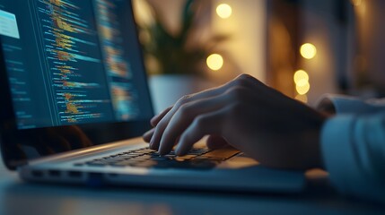 Poster - Focused individual typing on laptop showcasing modern work habits and digital engagement