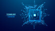 © AntonKhrupinArt - AI digital chip with circuit board components on a technology blue background. Abstract tech semiconductor. Computers and electronics innovation concept. Vector illustration.