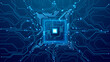 © AntonKhrupinArt - AI chip in technology blue with circuit board components on modern tech background. Artificial Intelligence semiconductor with wires. Machine learning and computer innovation concept. Digital vector.