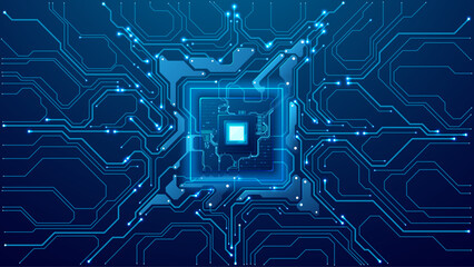 Fototapete - AI chip in technology blue with circuit board components on modern tech background. Artificial Intelligence semiconductor with wires. Machine learning and computer innovation concept. Digital vector.