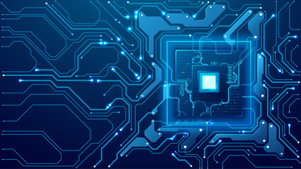Futuristic AI chip on a circuit board on a technology background. Quantum computer innovation concept. Digital semiconductor with bright light CPU core. Abstract microchip. Vector illustration.