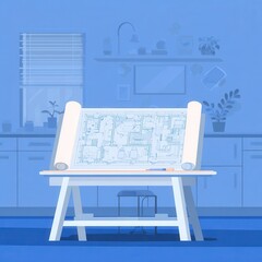 Poster - House blueprints displayed on a drafting table.