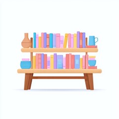 Poster - Wooden bookshelves filled with colorful books and decorative items.