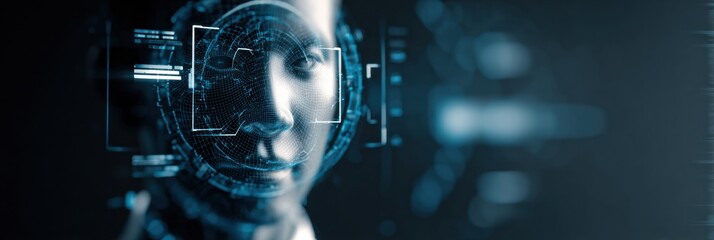 Fototapete - Facial Recognition Technology Overlaying User Avatar With Clear Top Third Visible in Futuristic Digital Environment