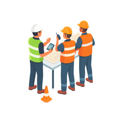 Fototapete - Three construction workers collaborate over detailed blueprints, utilizing tablets and communication devices for efficient project management and planning.