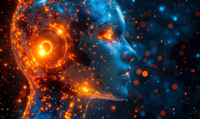 Aufkleber - Futuristic Artificial Intelligence Robot Head with Glowing Orange Digital Lights and Blue Metallic Surface in Dark Background for Technology Concept