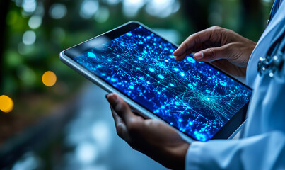 Poster - Doctor holding digital tablet displaying blue AI neural network data visualization for advanced medical diagnostics and healthcare technology innovation