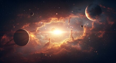 abstract cosmic background with planets, light flares, and swirling nebula clouds, futuristic vibe.