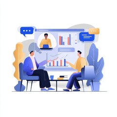 Poster - Business colleagues engaged in a virtual meeting, discussing data and projections.