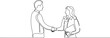 © ideartstuff - Job interview - vector modern simple one continuous line design composition with recruiter and candidate. Continuous Line Drawing of man and women are shaking hand and talking. Vector illustration