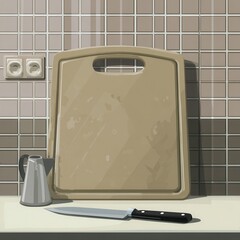 Poster - Kitchen countertop with cutting board, knife, and small pot.