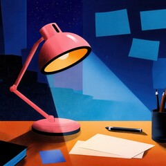 Poster - Illuminated workspace with a pink desk lamp.