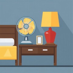 Poster - Bedroom interior scene with fan and lamp.