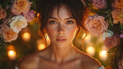Aufkleber - A young woman gazes intently at the viewer, framed by an arrangement of vibrant flowers and softly glowing candles, evoking a serene and magical ambiance in a garden setting.