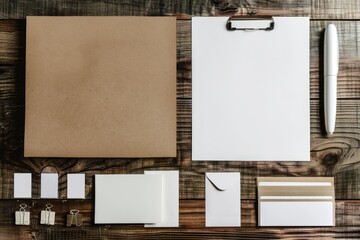 Fototapete - Blank Stationery Set on Wood Background , A4 Paper, Business Cards, Letterheads, Booklet,