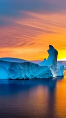 Wall Mural - massive floating iceberg casting mesmerizing orange and blue reflections across calm ocean waters du