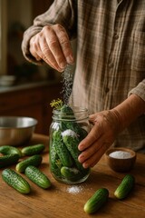 Poster - elderly person is seasoning pickles in jar with salt and pepper on wooden table.
