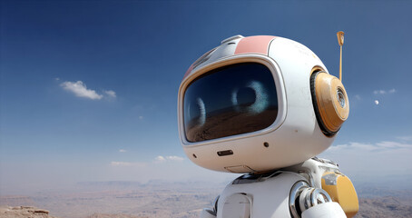 Aufkleber - A small robot stands on the surface of a barren planet, surveying its surroundings.