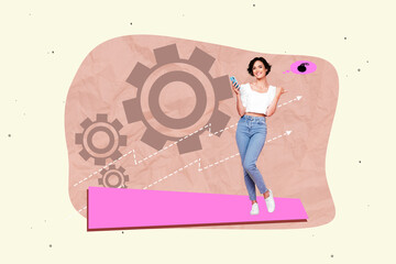 Poster - Zine banner full photo collage of happy businesswoman businessman receive promotion gearwheel progress statistics chance