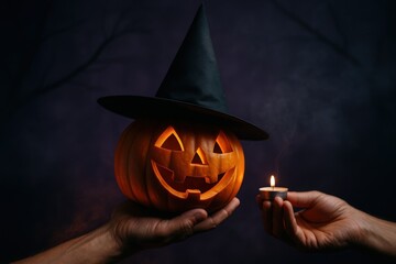 Poster - person is holding jack-o'-lantern in one hand while lighting it with other.