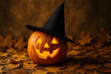 Aufkleber - jack-o'-lantern wearing witch's hat, sitting on autumn leaves.