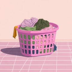 Poster - Pink laundry basket filled with colorful clothes on a tiled floor.