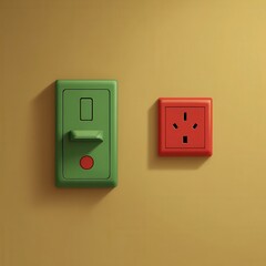 Poster - Green and red electrical outlets on a light beige wall.