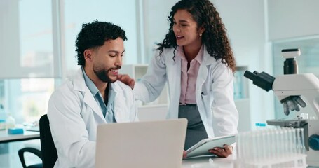 Leinwandbilder - Scientist, man and woman by laptop, talk or problem solving for medical research project. People, team and computer with results, tablet and solution for vaccine development with pharma study at lab