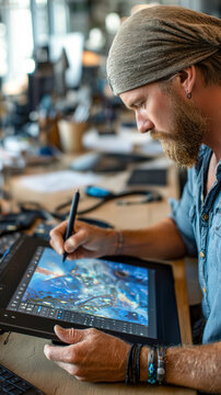 Digital artist creating artwork on a large touchscreen display with a stylus, blending technology and creativity. #digitalart