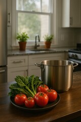 Poster - kitchen counter with pot of soup, tomatoes on plate, and fresh vegetables including broccoli and basil.