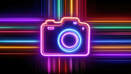 Poster - Neon camera icon with vibrant colorful lines on black background. Futuristic and dynamic design