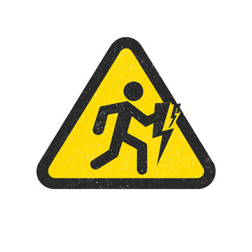 Clean vector warning icon, human with electricity bolt, electric hazard sign, triangle frame, industrial safety design, bold stroke, yellow and black