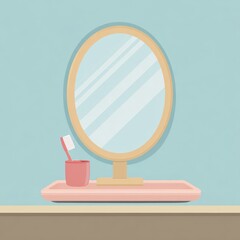 Poster - Oval mirror and accessories on a vanity.