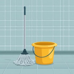 Poster - Cleaning supplies, a mop and bucket, on a tiled floor.