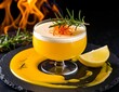 © Леся Приходько - Craft cocktail with flaming rosemary garnish and saffron threads. Whiskey sour in elegant glass with citrus decoration. Premium bar presentation. AI-generated image.