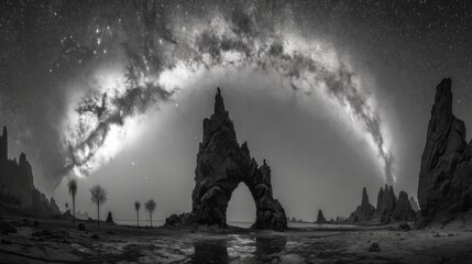 A breathtaking black and white star scape featuring a vast cosmic landscape and unique rock formations