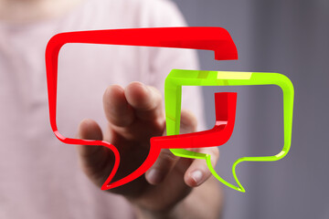 Aufkleber - Person interacting with digital speech bubbles,feedback, communication, conversation, online chat, digital dialogue, social media.