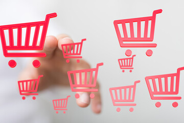 Aufkleber - Hand interacting with digital shopping cart icons.  Perfect for e-commerce, online retail, and digital marketing.