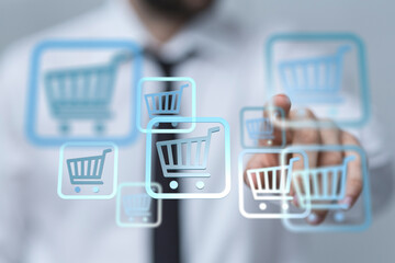 Aufkleber - Person interacts with digital shopping carts, symbolizing online shopping and e-commerce.