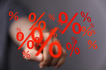 Poster - Image of a hand interacting with percentage symbols, ideal for discount, sale, or finance concepts.